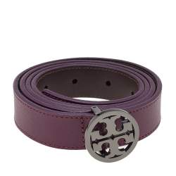 Pre Owned Tory Burch Purple Leather Reva Slim Medium Cut to Size Belt