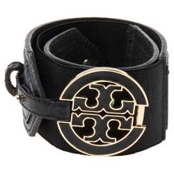 Pre Owned Tory Burch Black  Leather and Elastic Band Logo Waist Belt M