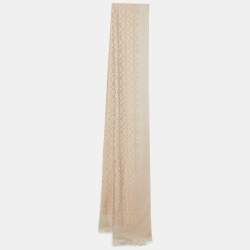 Pre Owned Tory Burch Beige Logo Jacquard Wool Fringed Scarf
