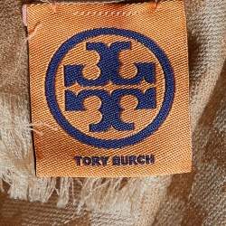 Pre Owned Tory Burch Beige Logo Jacquard Wool Fringed Scarf