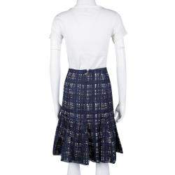 Pre Owned Tory Burch Navy Blue and White Checked Pleated Silk Wess Skirt L