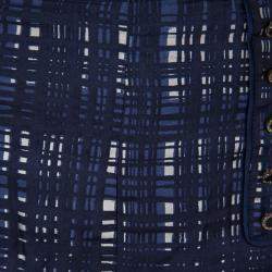Pre Owned Tory Burch Navy Blue and White Checked Pleated Silk Wess Skirt L