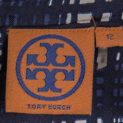 Pre Owned Tory Burch Navy Blue and White Checked Pleated Silk Wess Skirt L