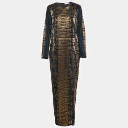 Tory Burch Navy Blue Lurex Jacquard Long Sleeve Maxi Dress L