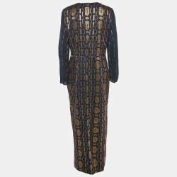 Tory Burch Navy Blue Lurex Jacquard Long Sleeve Maxi Dress L