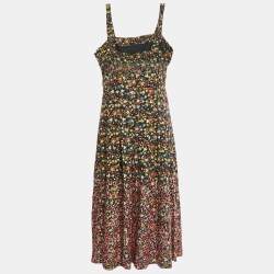 Pre Owned Tory Burch Black Floral Print and Sequin Embroidery Cotton Midi Dress L