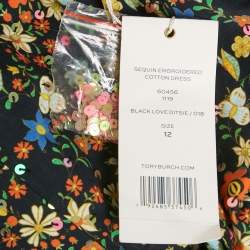 Pre Owned Tory Burch Black Floral Print and Sequin Embroidery Cotton Midi Dress L