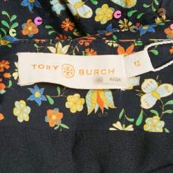 Pre Owned Tory Burch Black Floral Print and Sequin Embroidery Cotton Midi Dress L