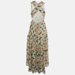 Pre Owned Tory Burch Ivory Floral Print Silk Asymmetric Hem Kendall Maxi Dress S