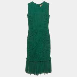 مملوكة مسبقًا Tory Burch Emerald Green Mesh Rushed Ethel Midi Dress XS