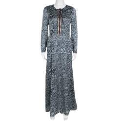 Pre Owned Tory Burch Navy Blue and White Honeycomb Pattern Printed Silk Jacquard Maxi Dress S