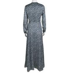 Pre Owned Tory Burch Navy Blue and White Honeycomb Pattern Printed Silk Jacquard Maxi Dress S