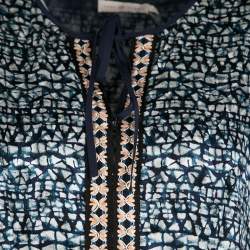 Pre Owned Tory Burch Navy Blue and White Honeycomb Pattern Printed Silk Jacquard Maxi Dress S