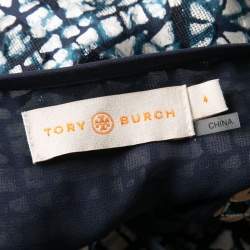 Pre Owned Tory Burch Navy Blue and White Honeycomb Pattern Printed Silk Jacquard Maxi Dress S