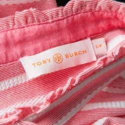 Tory Burch Pink and White Striped Knit Ruffle Detail T-Shirt S