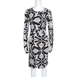 Pre Owned Tory Burch Monochrome Floral Printed Silk Knit Sheath Dress M