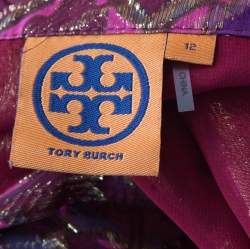 Pre Owned Tory Burch Merlot Purple Silk Lurex Plaid Patterned Stephanie Tunic Top M