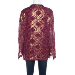Pre Owned Tory Burch Merlot Purple Silk Lurex Plaid Patterned Stephanie Tunic Top M