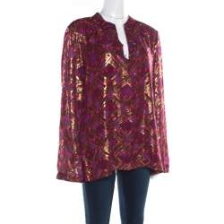 Pre Owned Tory Burch Merlot Purple Silk Lurex Plaid Patterned Stephanie Tunic Top M