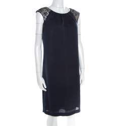 Pre Owned Tory Burch Navy Blue Satin Sequined Shoulder Detail Sleeveless Dress M