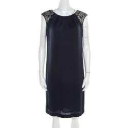 Pre Owned Tory Burch Navy Blue Satin Sequined Shoulder Detail Sleeveless Dress M