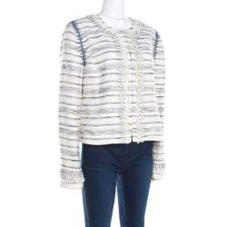 Pre Owned Tory Burch Cream Textured Jewel Embellished Nicole Boucle Jacket L