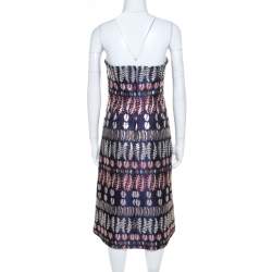 Tory Burch Navy Blue Lurex Fern Patterned Pleated Bodice Strapless Dress S