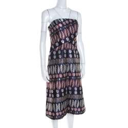 Tory Burch Navy Blue Lurex Fern Patterned Pleated Bodice Strapless Dress S