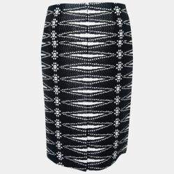 Pre Owned Tory Burch Monochrome Patterned Tweed Savora Pencil Skirt S
