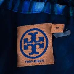 Tory Burch Blue Peacock Print Silk Tassel Detail Camisole Dress M
