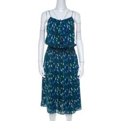 Tory Burch Blue Peacock Print Silk Tassel Detail Camisole Dress M