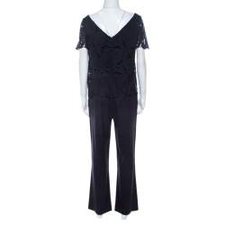 Pre Owned Tory Burch Navy Blue Avalon Lace Short Sleeve Jumpsuit S