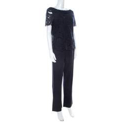 Pre Owned Tory Burch Navy Blue Avalon Lace Short Sleeve Jumpsuit S