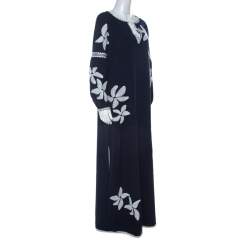 Tory Burch Navy Blue Crepe Embroidered Full Sleeve Jillian Maxi Dress M