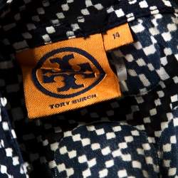 Tory Burch Navy Blue and White Printed Silk Ruffle Detail Top XL 