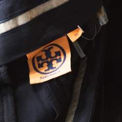 Pre Owned Tory Burch Navy Blue & Black Velvet & Silk Detail Flared Hagette Pants L