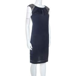Tory Burch Navy Blue Embellished Satin Sleeveless Shift Dress M