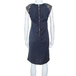 Tory Burch Navy Blue Embellished Satin Sleeveless Shift Dress M