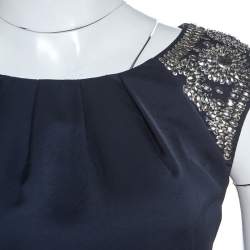 Tory Burch Navy Blue Embellished Satin Sleeveless Shift Dress M