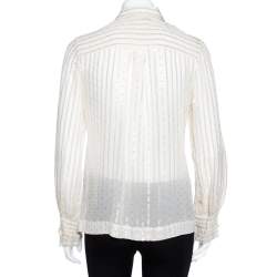 مملوكة مسبقًا Tory Burch Cream Lurex Striped Silk Ruffled Shirt M