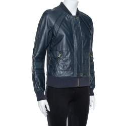 Pre Owned Tory Burch Navy Blue Perforated Leather Biker Jacket S 