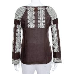 Tory Burch Brown Cotton Embroidered Neck Tie Detail Top S