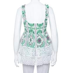 Pre Owned Tory Burch White Garden Party Printed Silk Smocked Tiered Top M