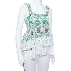 Pre Owned Tory Burch White Garden Party Printed Silk Smocked Tiered Top M