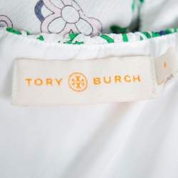 Pre Owned Tory Burch White Garden Party Printed Silk Smocked Tiered Top M