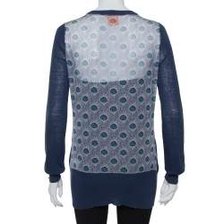 Pre Owned Tory Burch Navy Blue Knit & Peacock Feather Printed Silk Button Front Cardigan XS
