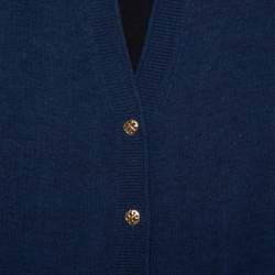 Pre Owned Tory Burch Navy Blue Knit & Peacock Feather Printed Silk Button Front Cardigan XS