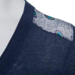 Pre Owned Tory Burch Navy Blue Knit & Peacock Feather Printed Silk Button Front Cardigan XS