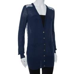 Pre Owned Tory Burch Navy Blue Knit & Peacock Feather Printed Silk Button Front Cardigan XS