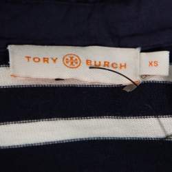 Pre Owned Tory Burch navy Blue & White Striped Cotton Ruffled Collar T-Shirt Dress XS